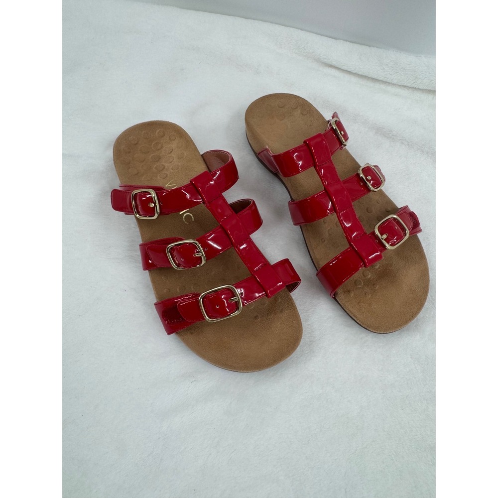 Vionic Misa Sandals 6 Red Patent Leather Triple Buckle Slide Orthotic Comfort